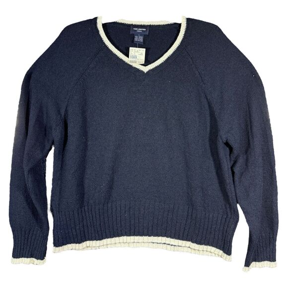The Limited America Navy Blue White Accents Tight Knitted Long Sleeve V Neck L - Picture 1 of 4